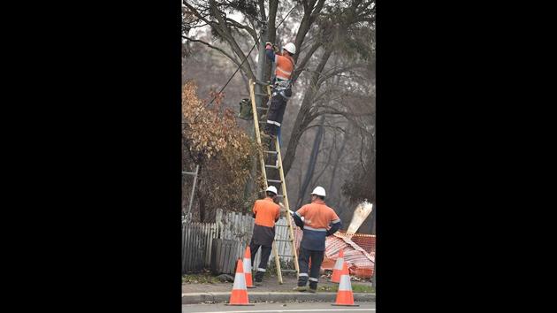 Workmen fix a power pole in Mogo. Ten days after the blaze roared through, most remaining shops in the town were shuttered, unable to open until electricity was restored, while the handful that had reopened were running on generators. Maureen Nathan, a retired pharmacist, spent 20 years building up a tourist attraction dedicated to Mogo’s 1850s gold rush -- only for it to go up in flames on New Year’s Eve. (Holly Robertson / AFP) Workmen fix a power pole in Mogo. Ten days after the blaze roared through, most remaining shops in the town were shuttered, unable to open until electricity was restored, while the handful that had reopened were running on generators. Maureen Nathan, a retired pharmacist, spent 20 years building up a tourist attraction dedicated to Mogo’s 1850s gold rush -- only for it to go up in flames on New Year’s Eve. (Holly Robertson / AFP)