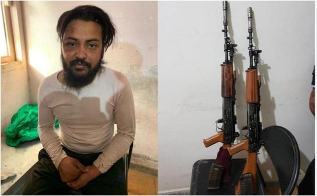 Army deserter Harpreet Singh, 25, after his arrest in Hoshiarpur on December 9 and (right) the two INSAS rifles that he stole along with an accomplice Jagtar Singh from an army training centre at Pachmarhi in Madhya Pradesh on December 5.(HT file photo)