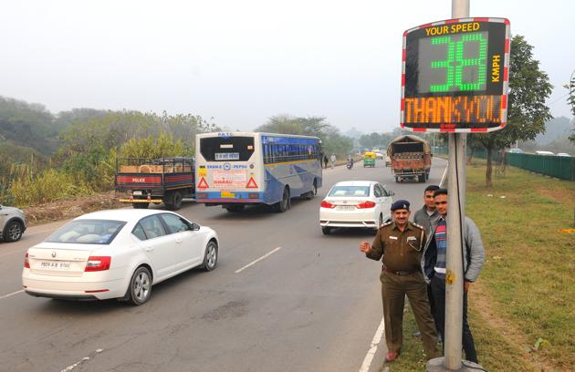 A newly installed speed radar display board near Sector 47 in Chandigarh on Tuesday,(HT PHOTO)