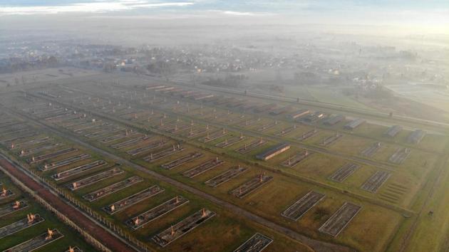 An aerial view of the remains of barracks for prisoners at the former German Nazi death camp Auschwitz II - Birkenau. (Pablo Gonzalez / AFP) 