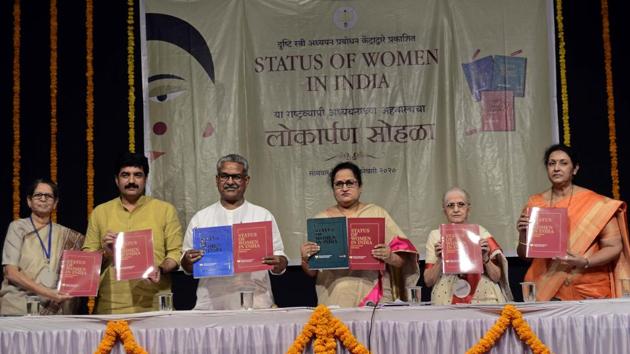 From left - Anjali Deshpande, Murlidhar Mohol, Krushna Gopal, Shashikala Wanjari, Grrta Gokhale and Manisha Kothekar at Launch of status of women in India report.(Ravindra Joshi/HT PHOTO)