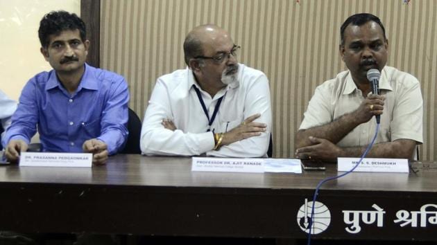 From left - Prassana Pedgaokar, Ajit Ranade and SS Deshmukh at the NECC press conference on Monday. (Ravindra Joshi/HT PHOTO) From left - Prassana Pedgaokar, Ajit Ranade and SS Deshmukh at the NECC press conference on Monday. (Ravindra Joshi/HT PHOTO)
