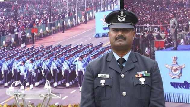 Officer Ashok Kumar of the Indian Air Force, who has been taking part in the Republic Day parade for the last 25 years as part of the band contingent and has been leading the band for the last 12 years, during a press preview at Akash Officers Mess, in New Delhi, on Monday.(Arvind Yadav/HT PHOTO)