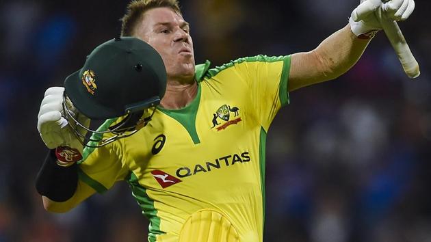 Australian batsman David Warner celebrates his century. (PTI)