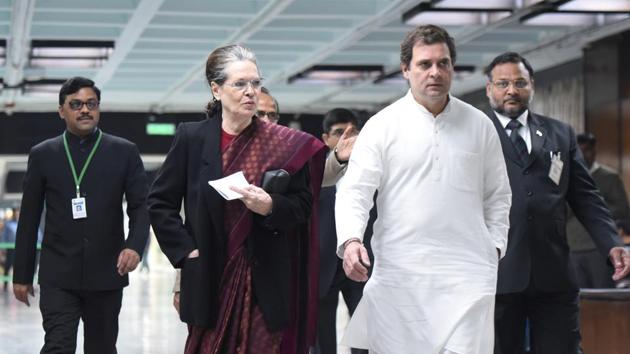 Congress president Sonia Gandhi and party leader Rahul Gandhi arrive to attend an Opposition leaders’ meeting, in Parliament Annexe building, in New Delhi, on Monday.(Sonu Mehta/HT Photo)