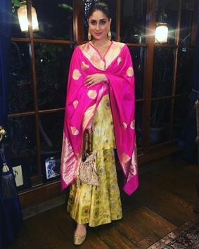 Another one of our favourites looks by Kareena is this beautiful lemon yellow brocade garara and the fuchsia pink dupatta with gold-threaded self embroidered polka dots. (INSTAGRAM) Another one of our favourites looks by Kareena is this beautiful lemon yellow brocade garara and the fuchsia pink dupatta with gold-threaded self embroidered polka dots. (INSTAGRAM)