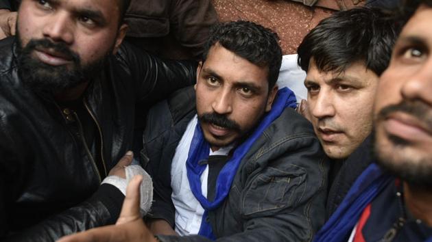 Bhim Army chief Chandrashekhar Azad during a protest against CAA, at Jama Masjid. (Biplov Bhuyan/HT PHOTO) Bhim Army chief Chandrashekhar Azad during a protest against CAA, at Jama Masjid. (Biplov Bhuyan/HT PHOTO)