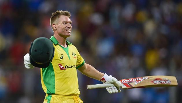 Australian batsman David Warner celebrates his century(PTI)