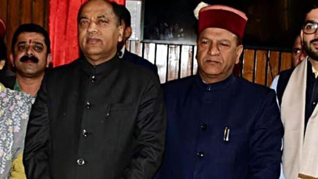 Himachal Pradesh outgoing Speaker Rajiv Bindal (right) with chief minister Jai Ram Thakur in Shimla.(HT file photo)