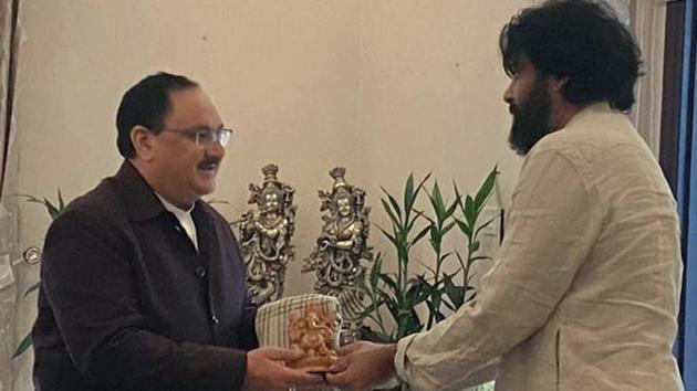 Jana Sena Party Chief Pawan Kalyan (right) met BJP working president JP Nadda in New Delhi on Monday.(ANI Photo)