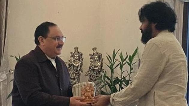 Jana Sena Party chief Pawan Kalyan met BJP working president JP Nadda at his residence in New Delhi recently.(ANI PHOTO.)