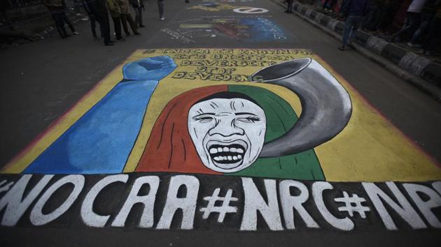 Graffiti made by demonstrators as part of their ongoing sit-in against CAA at Shaheen Bagh. (Burhaan Kinu / HT Photo) Graffiti made by demonstrators as part of their ongoing sit-in against CAA at Shaheen Bagh. (Burhaan Kinu / HT Photo)