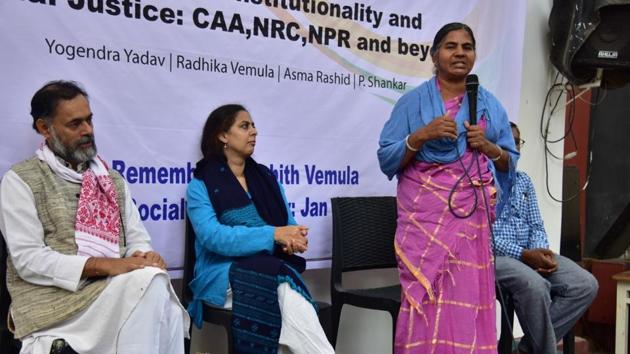 Recalling the suicide note of Vemula, Radhika said her son had said four years ago that a citizen was reduced to a vote and a number. (HT Photo) Recalling the suicide note of Vemula, Radhika said her son had said four years ago that a citizen was reduced to a vote and a number. (HT Photo)