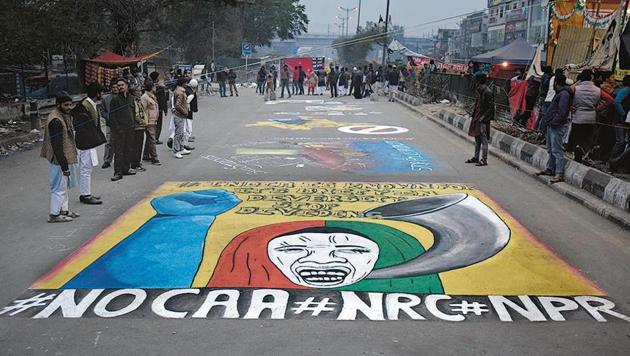 Graffiti made by demonstrators as part of their ongoing sit-in against Citizenship Amendment Act and the proposed National Register of Citizens at Shaheen Bagh, New Delhi on January 13.