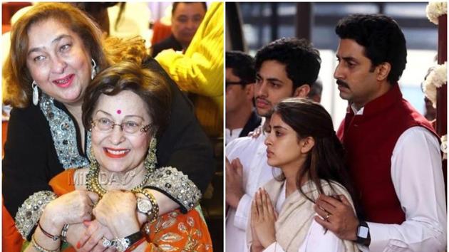 Late Ritu Nanda with sister Rima Jain (left), Abhishek Bachchan with Navya Naveli and Agastya at the funeral.