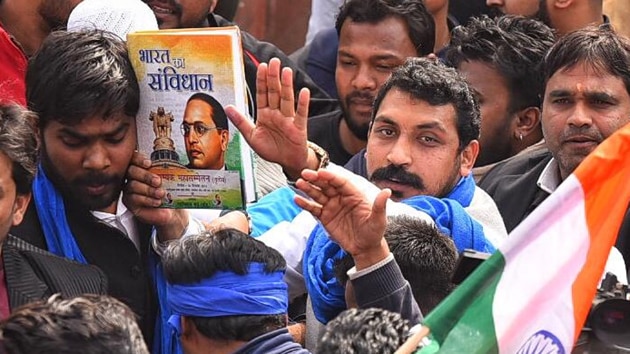 Bhim army chief Chandrashekhar Azad atJama Maajid during the CAA and NRC protest on Jan 17, 2019. (Photo by Raj K Raj/HT)