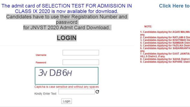 NVS admit card 2020:The Navodaya Vidyalaya Samiti (NVS) has released the admit cards of selection test to admit students in Class IX against the vacant seats.(navodaya.gov.in)