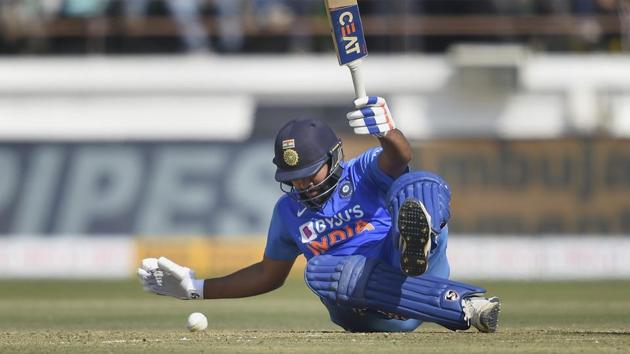 Rohit Sharma falls down after losing his balance during the second ODI.(PTI) Rohit Sharma falls down after losing his balance during the second ODI.(PTI)