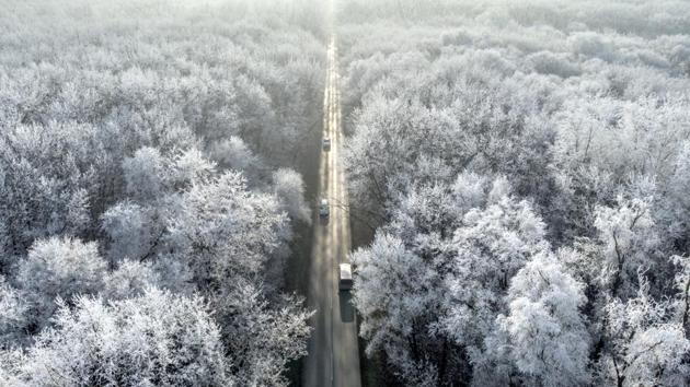 Cars move on a road between hoar-frost covered trees near Debrecen, Hungary. (Zsolt Czegledi/AP) Cars move on a road between hoar-frost covered trees near Debrecen, Hungary. (Zsolt Czegledi/AP)