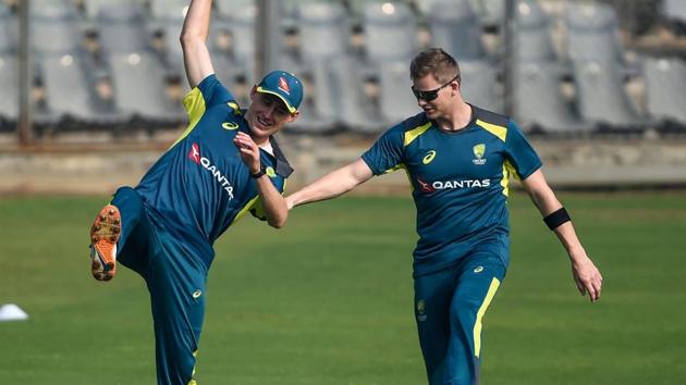 Australia's Steven Smith (R) and Marnus Labuschagne during a training session.(AFP)