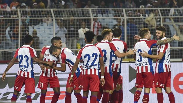 ATK Players jubilate with their teammate Pritam Kotal who scoring a goal against FC Goa. (PTI) ATK Players jubilate with their teammate Pritam Kotal who scoring a goal against FC Goa. (PTI)