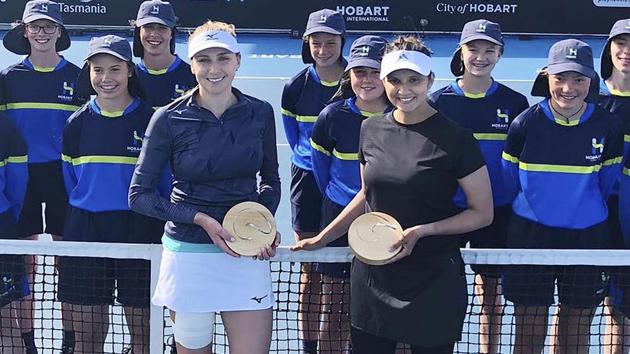 Tennis star Sania Mirza and her partner Nadiia Kichenok of Ukraine after winning the WTA Hobart International. (PTI) Tennis star Sania Mirza and her partner Nadiia Kichenok of Ukraine after winning the WTA Hobart International. (PTI)