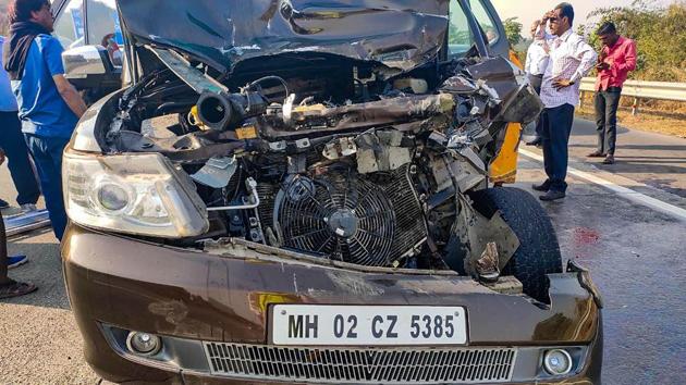 Mumbai: The damed car of veteran actress Shabana Azmi which collided with a truck in a accident on the Mumbai-Pune Expressway, near Mumbai(PTI)