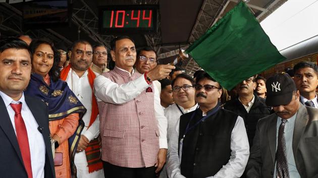 Gujarat chief minister Vijay Rupani flagged off the second premium Tejas train from Ahmedabad Railway Station in the presence of railway officials and a large number of people gathered at the station. (PTI)