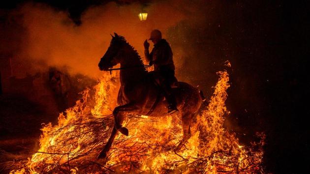 A horseman jumps over a bonfire in the village of San Bartolome de Pinares in the province of Avila in central Spain, during the opening of the traditional religious festival ‘Luminarias’ in honour of San Antonio Abad (Saint Anthony), patron saint of animals, on January 16. (Pierre Philippe Marcou/AFP) A horseman jumps over a bonfire in the village of San Bartolome de Pinares in the province of Avila in central Spain, during the opening of the traditional religious festival ‘Luminarias’ in honour of San Antonio Abad (Saint Anthony), patron saint of animals, on January 16. (Pierre Philippe Marcou/AFP)