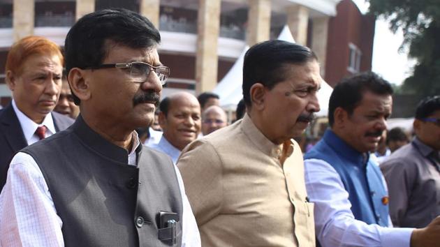Shiv Sena MP Sanjay Raut with party MLAs during the second day of the winter session of Maharashtra State Assembly at Vidhan Bhawan in Nagpur. (Sunny Shende/ HT) Shiv Sena MP Sanjay Raut with party MLAs during the second day of the winter session of Maharashtra State Assembly at Vidhan Bhawan in Nagpur. (Sunny Shende/ HT)