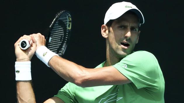 Serbia's Novak Djokovic hits a backhand return during a practice session.(AP)