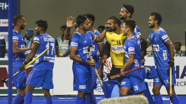 Indian players celebrate their win over Netherlands in the FIH Pro League. (PTI) Indian players celebrate their win over Netherlands in the FIH Pro League. (PTI)