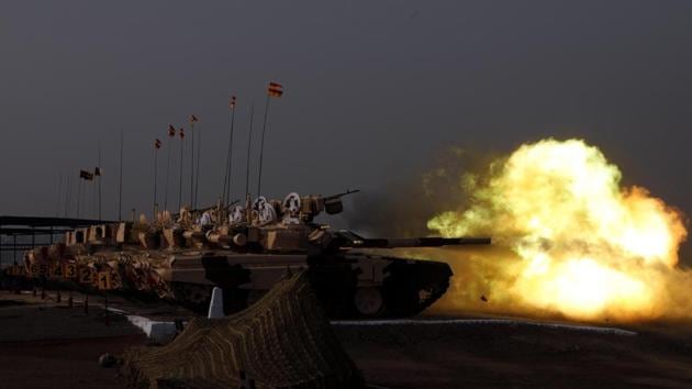 A tank from the Indian mechanised forces fires a shot during an integrated firepower and manoeuvre exercise that concluded at the Kharjuna Khare (KK) ranges near Ahmednagar. (Rahul Raut/HT Photo) A tank from the Indian mechanised forces fires a shot during an integrated firepower and manoeuvre exercise that concluded at the Kharjuna Khare (KK) ranges near Ahmednagar. (Rahul Raut/HT Photo)