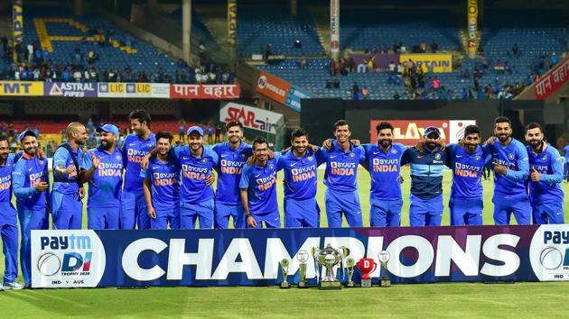 India cricketers pose with trophy. (PTI)