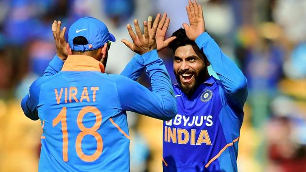 India's Ravindra Jadeja (R) celebrates with skipper Virat Kohli after taking the wicket of Australia's Mitchell Starc. (PTI) India's Ravindra Jadeja (R) celebrates with skipper Virat Kohli after taking the wicket of Australia's Mitchell Starc. (PTI)