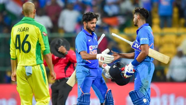 India's Shreyas Iyer and Manish Pandey greets each other after India won the third and final ODI. (PTI) India's Shreyas Iyer and Manish Pandey greets each other after India won the third and final ODI. (PTI)