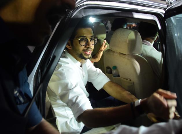 Maharashtra tourism minister and Shiv Sena leader Aaditya Thackeray leaves after a meeting with NCP and Congress leaders, at Nehru Centre in Mumbai.(Photo by Bhushan Koyande/HT)
