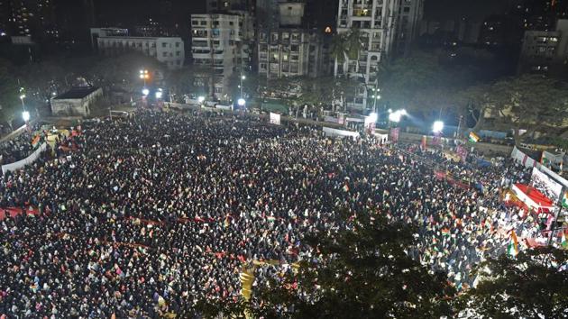 Women gather during a protest against the new citizenship law at YMCA ground in Mumbai. (Santosh Harhare/HT Photo) Women gather during a protest against the new citizenship law at YMCA ground in Mumbai. (Santosh Harhare/HT Photo)