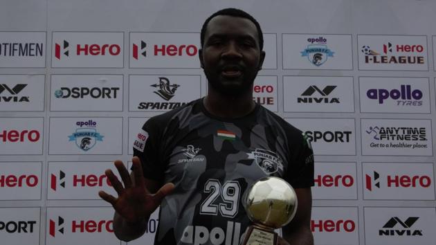 Dipanda Dicka celebrates after putting in a man of the match performance.(AIFF Image) Dipanda Dicka celebrates after putting in a man of the match performance.(AIFF Image)
