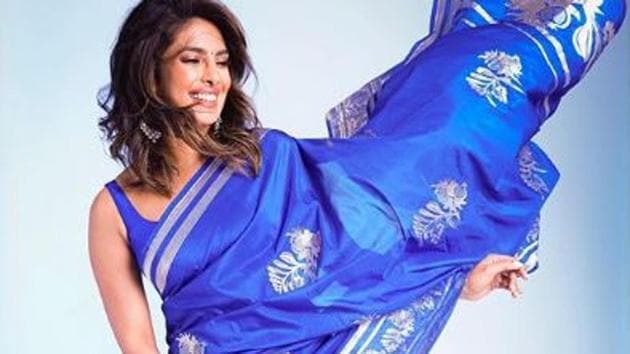 630px x 354px - Priyanka Chopra poses in blue saree, Nick Jonas says she looks 'stunning'.  See pic | Bollywood - Hindustan Times