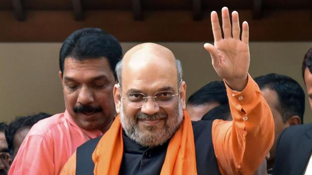 Home Minister Amit Shah after visiting the residence of Union minister Pralhad Joshi in Hubballi, on Sunday.(PTI Photo) Home Minister Amit Shah after visiting the residence of Union minister Pralhad Joshi in Hubballi, on Sunday.(PTI Photo)