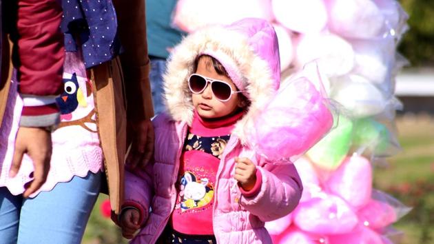 A child enjoying a sunny afternoon at Rose Garden in Chandigarh on Sunday.(Sanjeev Sharma/HT)