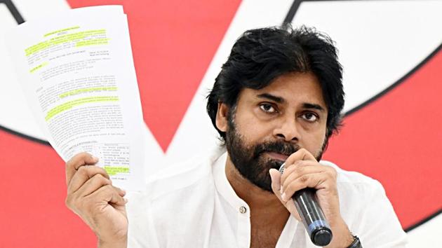 Actor-turned-politician and Jana Sena Party president Pawan Kalyan addressing a press conference, in Andhra Pradesh.