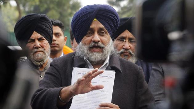 Sukhbir Singh Badal, president of Shiromani Akali Dal speaks to media outside the Punjab Governor house, in Chandigarh on January 15.(ANI Photo)