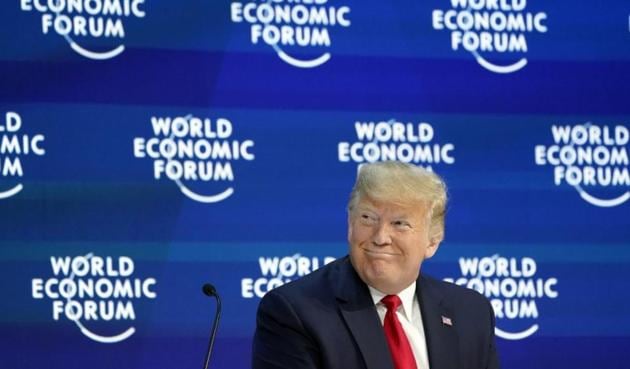 US President Donald Trump reacts as he delivers a speech during the 50th World Economic Forum (WEF) annual meeting in Davos, Switzerland on January 21.(Reuters)