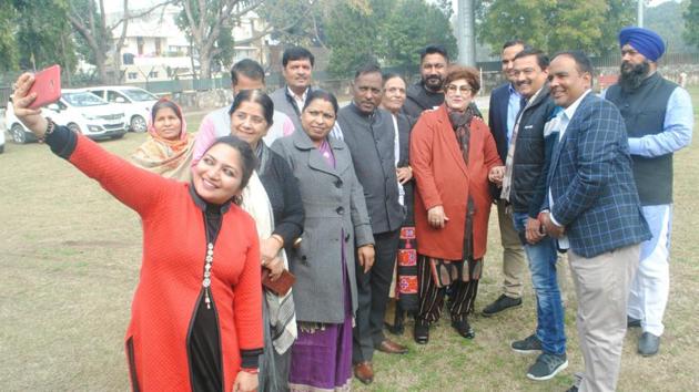 Mayor Raj Bala Malik along with councillors during her ‘welcome party’ at Rose Club in Sector 16, Chandigarh, on Monday.