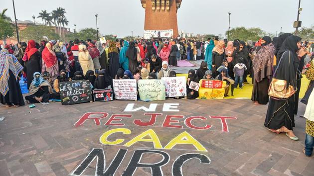The ongoing protest against the CAA at Lucknow’s Clock Tower.(PTI Photo)