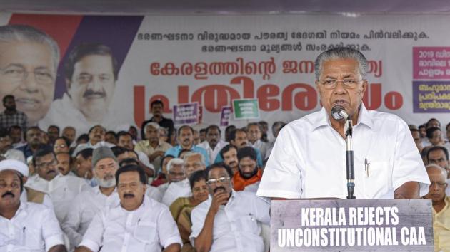 Kerala Chief Minister Pinarayi Vijayan addresses during a protest against the amended Citizenship Act last December. (PTI) Kerala Chief Minister Pinarayi Vijayan addresses during a protest against the amended Citizenship Act last December. (PTI)