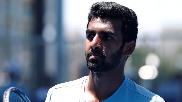 India's Prajnesh Gunneswaran looks on during the match against Frances Tiafoe.(REUTERS)