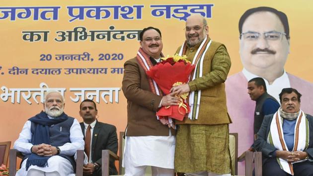 Union Home Minister Amit Shah greets newly elected BJP National President JP Nadda. (PTI) Union Home Minister Amit Shah greets newly elected BJP National President JP Nadda. (PTI)